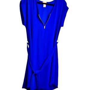 ❤️Tovia Dress SZ: Large XL Royal Blue Silver Zipper-Up V- Neck Short-Sleeve Belt